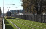 Tw 2213 ist zur Er�ffnungsfahrt nahe der Haltestelle Landschaftspark Johannisthal unterwegs (30.10.2021).