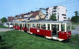 Der Museumszug Tw 5N 012 und Bw 5ND 154 am 18. Mai 1997 in der ul. Obro�c�w Pokoju